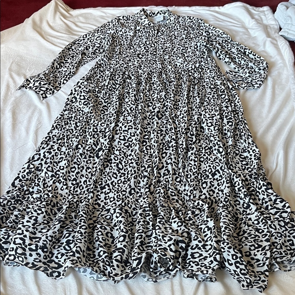 Anthropologie Mare Mare Lynda Maxi Dress Black White Leopard Ruffle Pockets - Picture 2 of 9